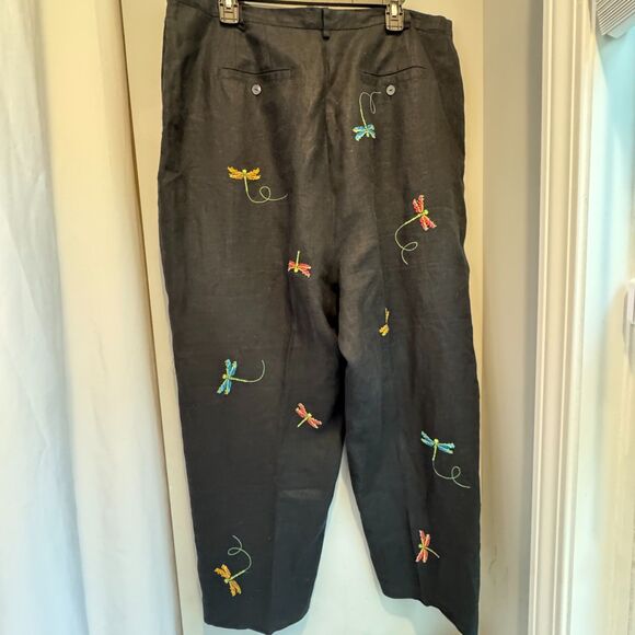 Sarah Spencer18W Black 100% Linen Pants | Embroidered Dragonflies | Plus | Good - Picture 6 of 10